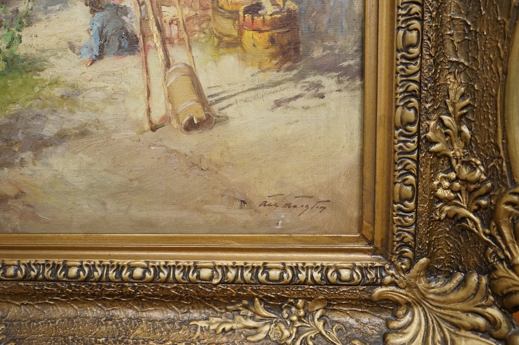 ACS Agoston, Impressionist, oil on canvas, figures before a cottage, signed, ornate gilt framed. 57 x 76cm